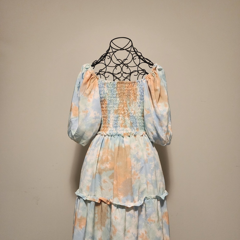 Tie Dye Tiered Maxi Dress Puff Sleeve Blue Orange Boho Size Medium - Picture 8 of 9